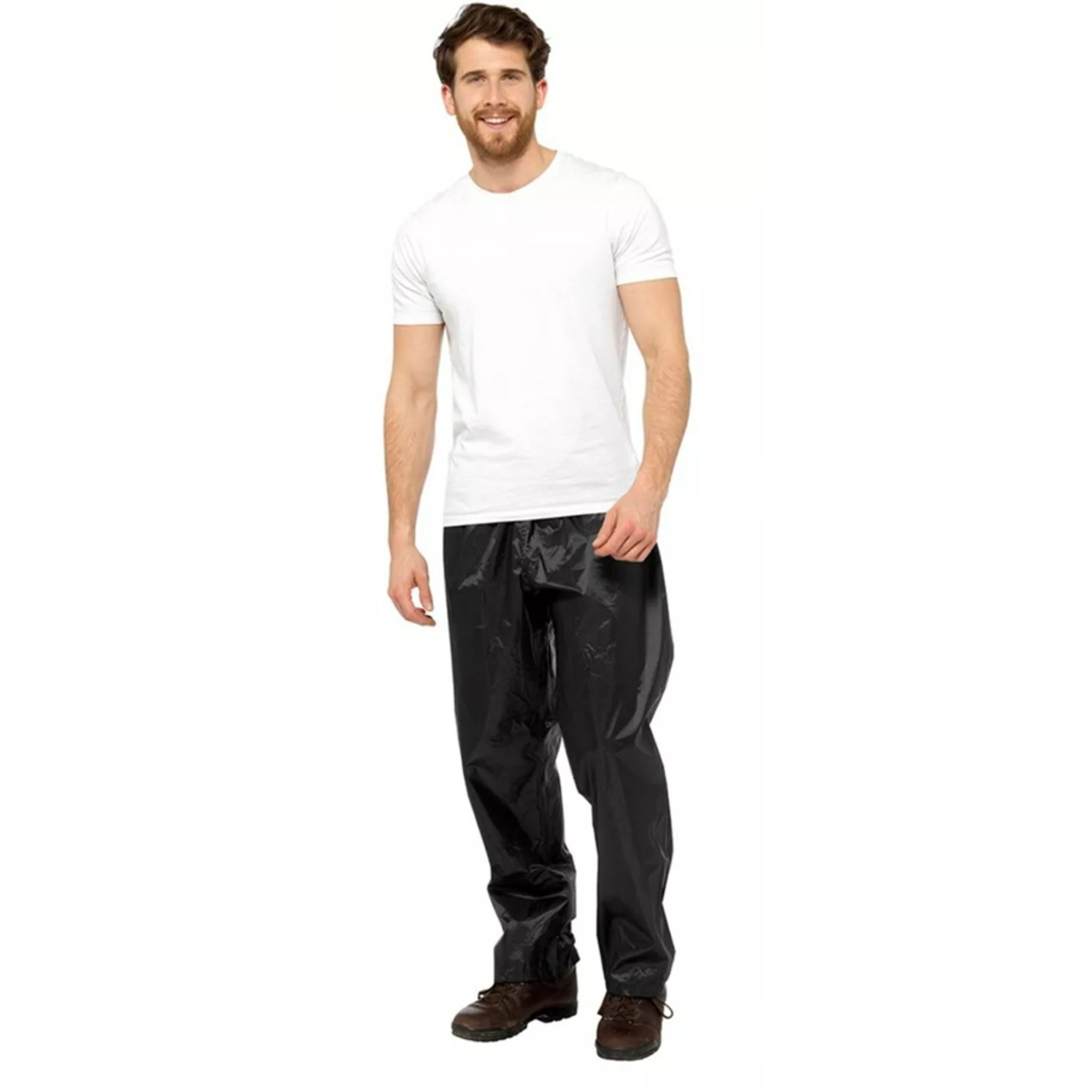 Men's 100% waterproof black over trousers โ lightweight rain pants for outdoor work, hiking, and wet weather protection